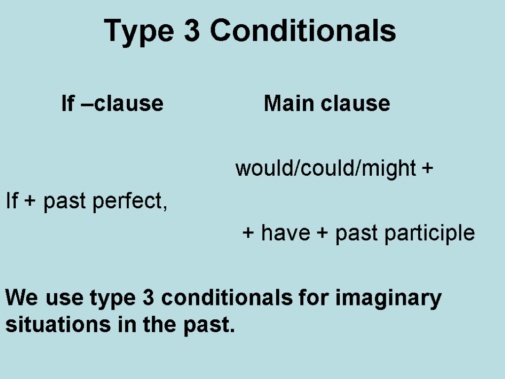 Type 3 Conditionals If –clause Main clause would/could/might + If + past perfect, +